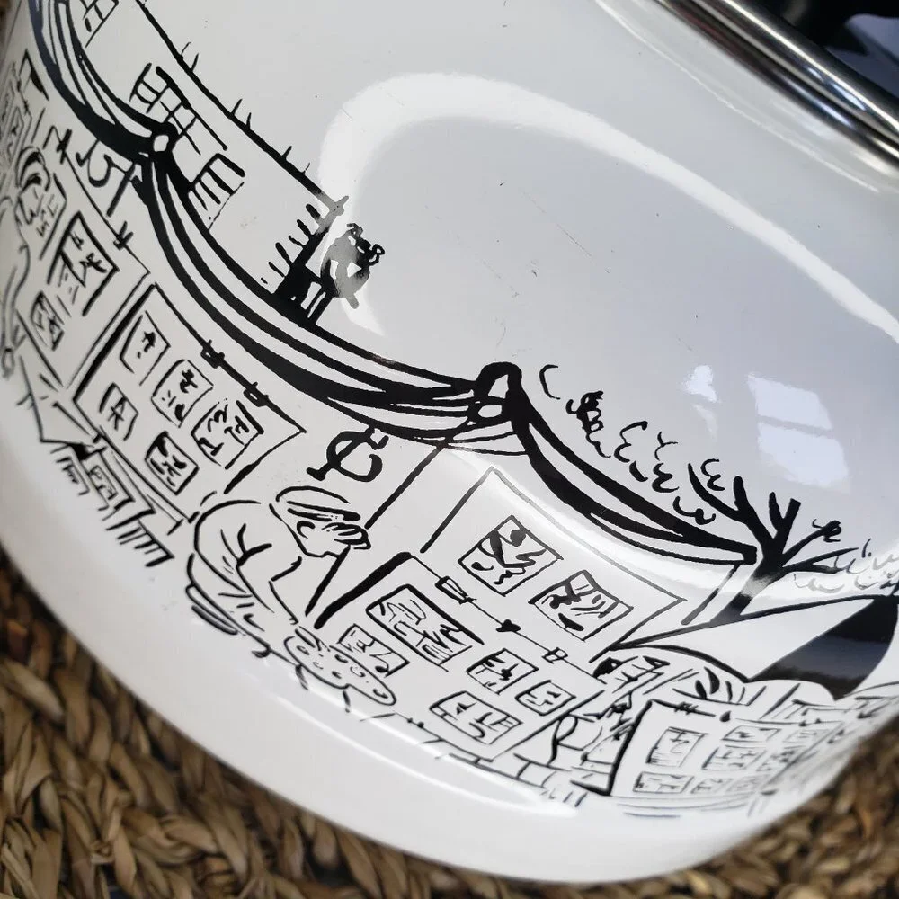 Mikasa Parisian Scenes Whistling‎ Tea Kettle Pot Enameled White Black